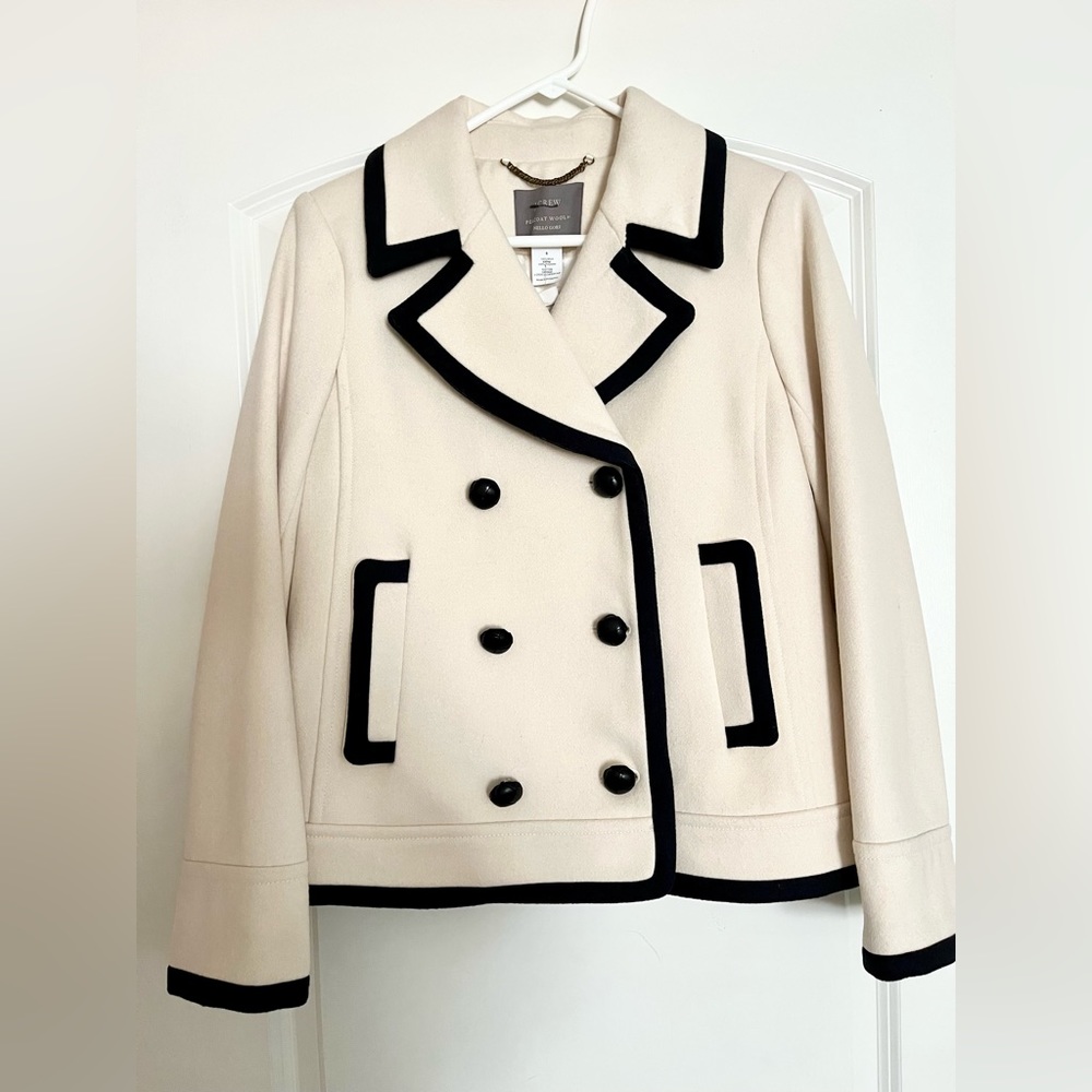 J. Crew cream and black tipped wool peacoat